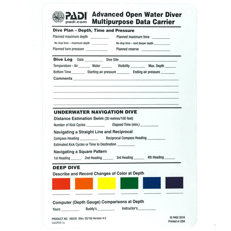 PADI Advanced Open Water Diver Manaul c/w Delux Data Carrier