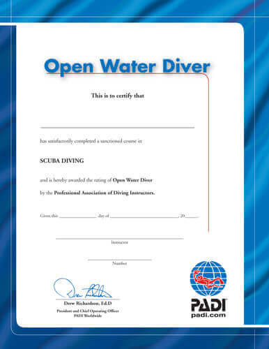 PADI Open Water Diver Wall Certificate