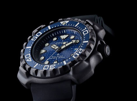 blue faced citizen dive watch with black strap