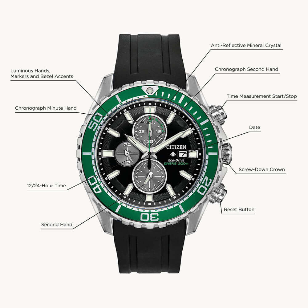 Citizen Promaster Chrono Diver Watch Green Bezel Spec Diagram