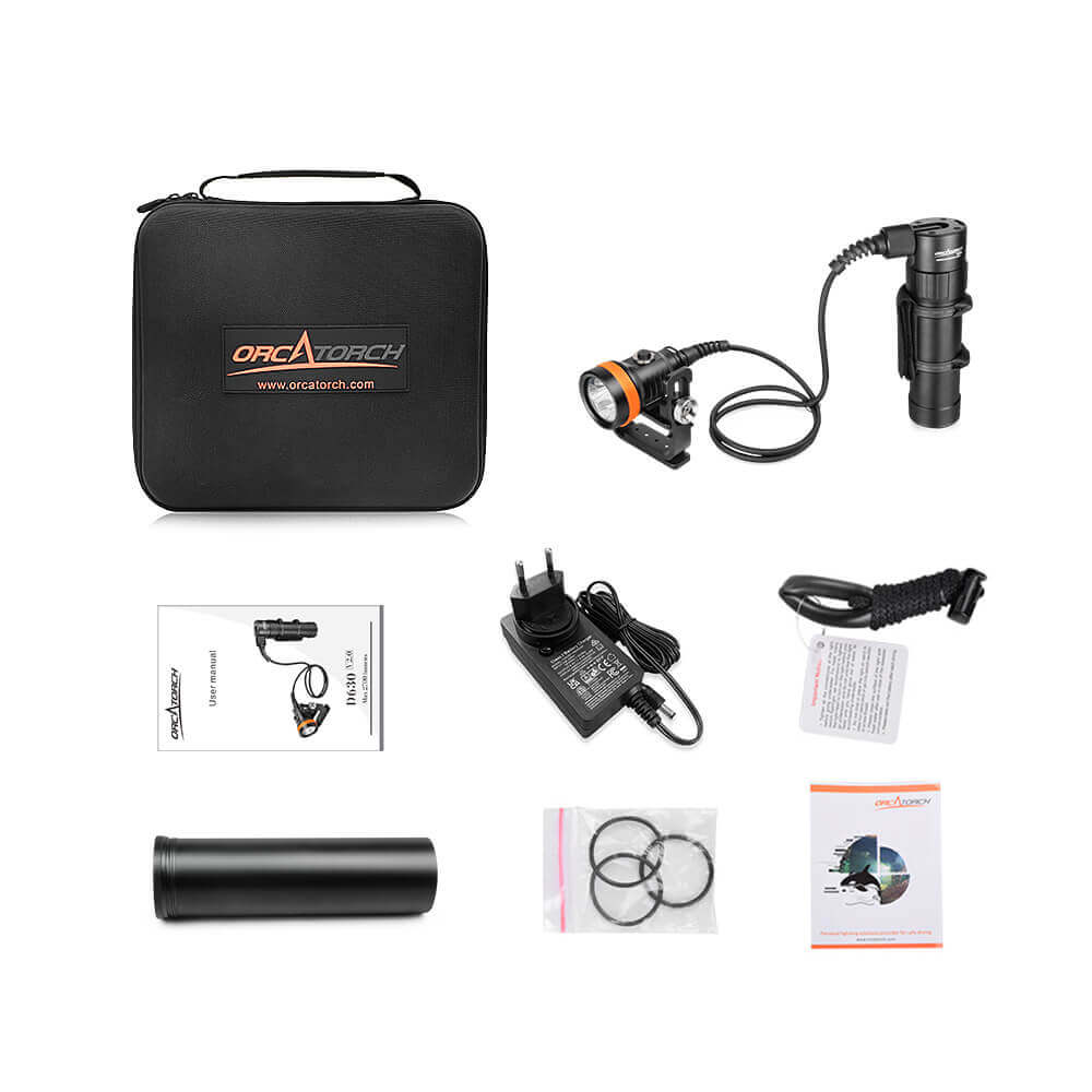 OrcaTorch D630 Canister / Umbilical Dive Torch Whats In The Box