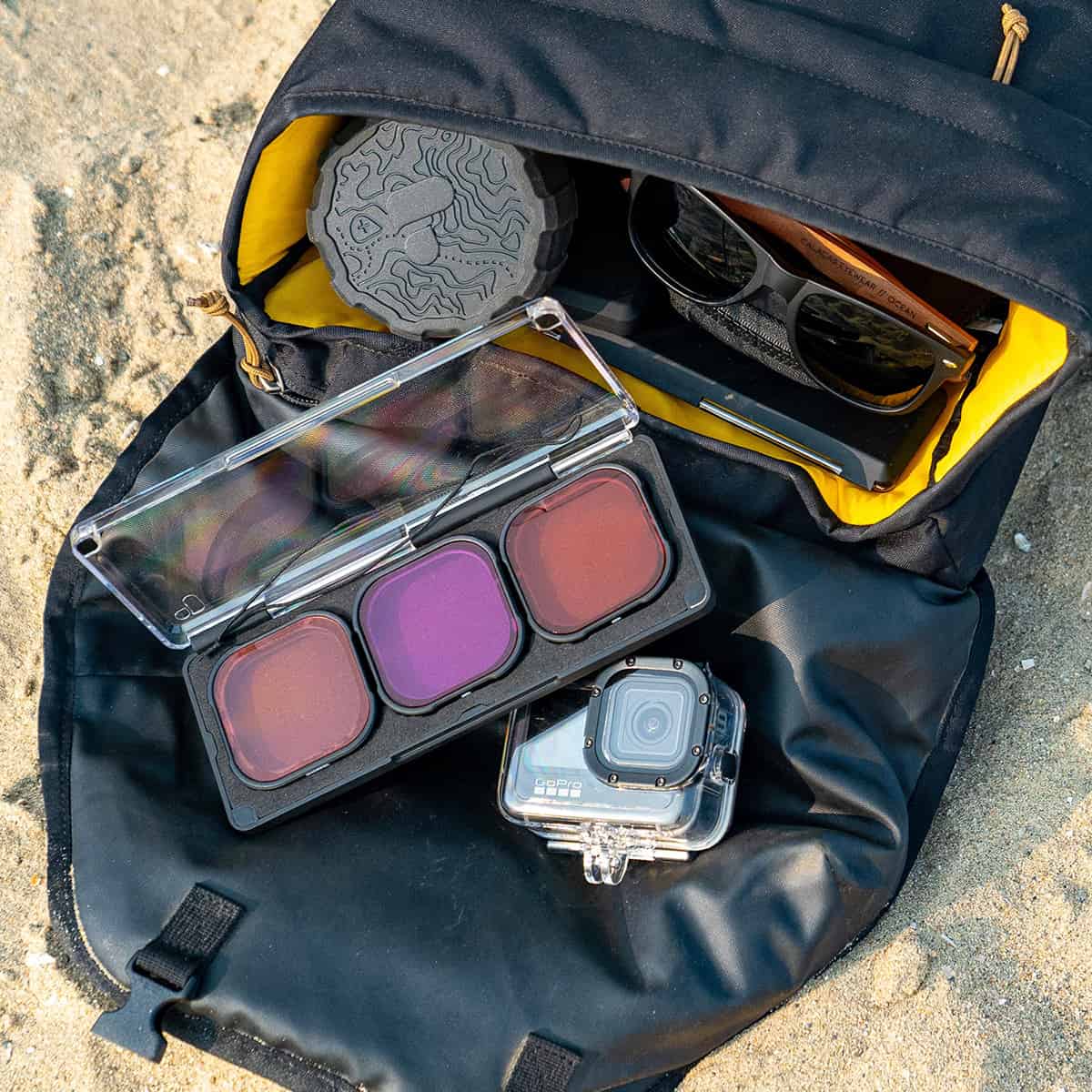 PolarPro Divemaster 3pk Filters For GoPro Hero12 Red, Magenta and Snorkel Filter In Case Lifestyle