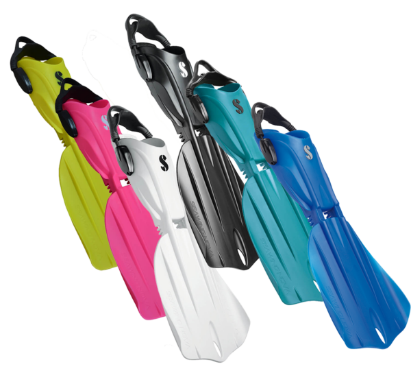 yellow, pink, white black turquoise and blue diving fins from Scubapro