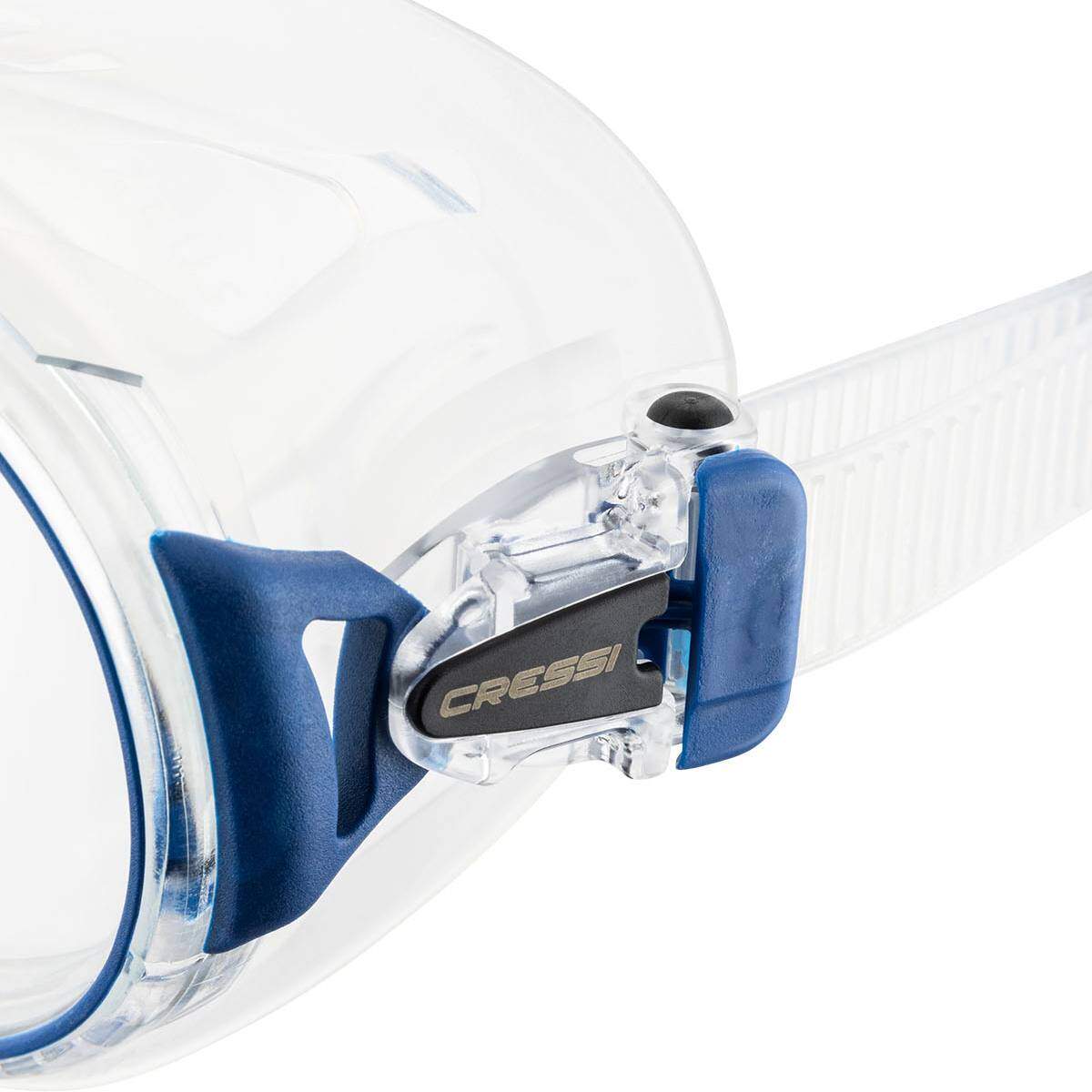 cressi zeus dive mask clear blue metal buckle detail
