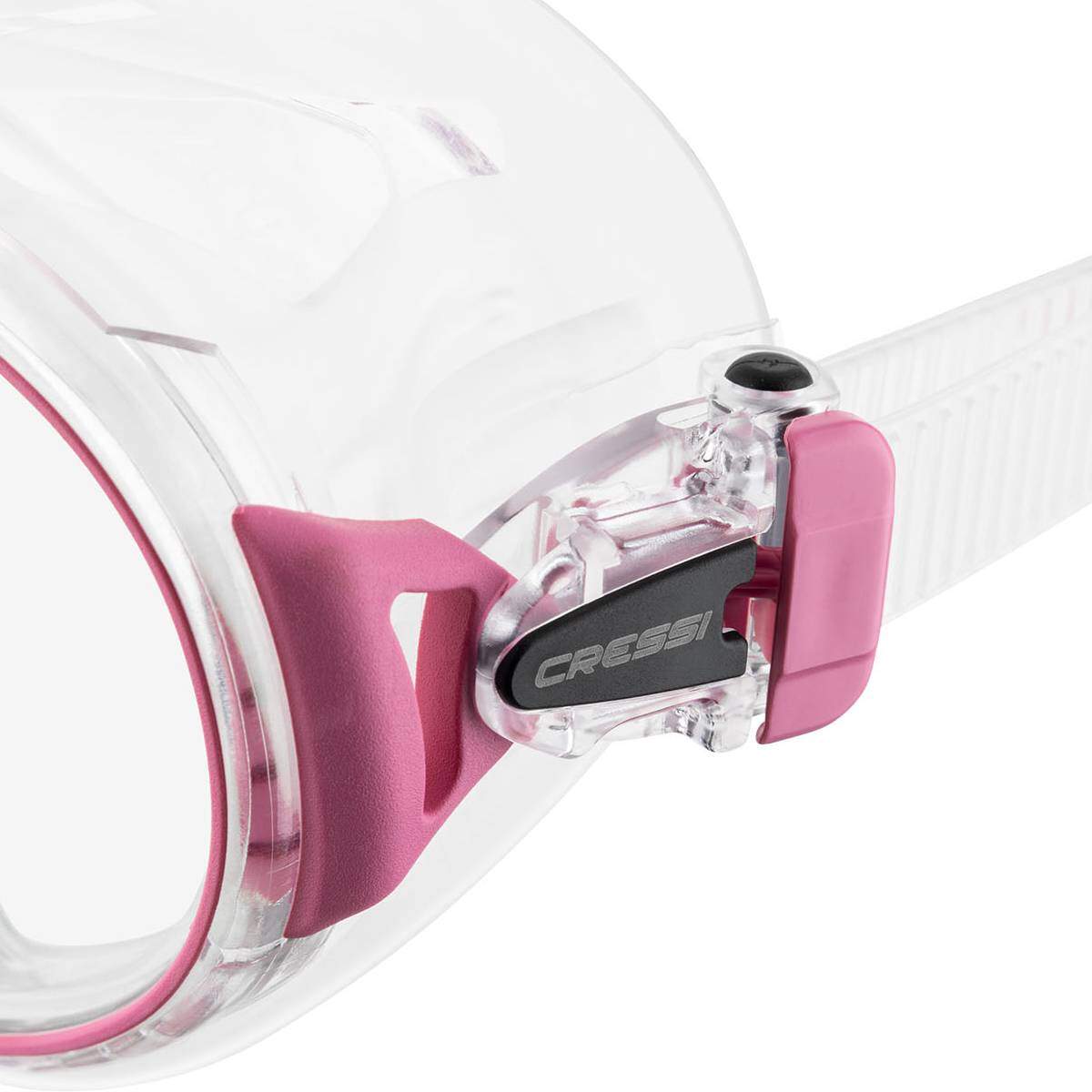 cressi zeus dive mask clear pink buckle detail