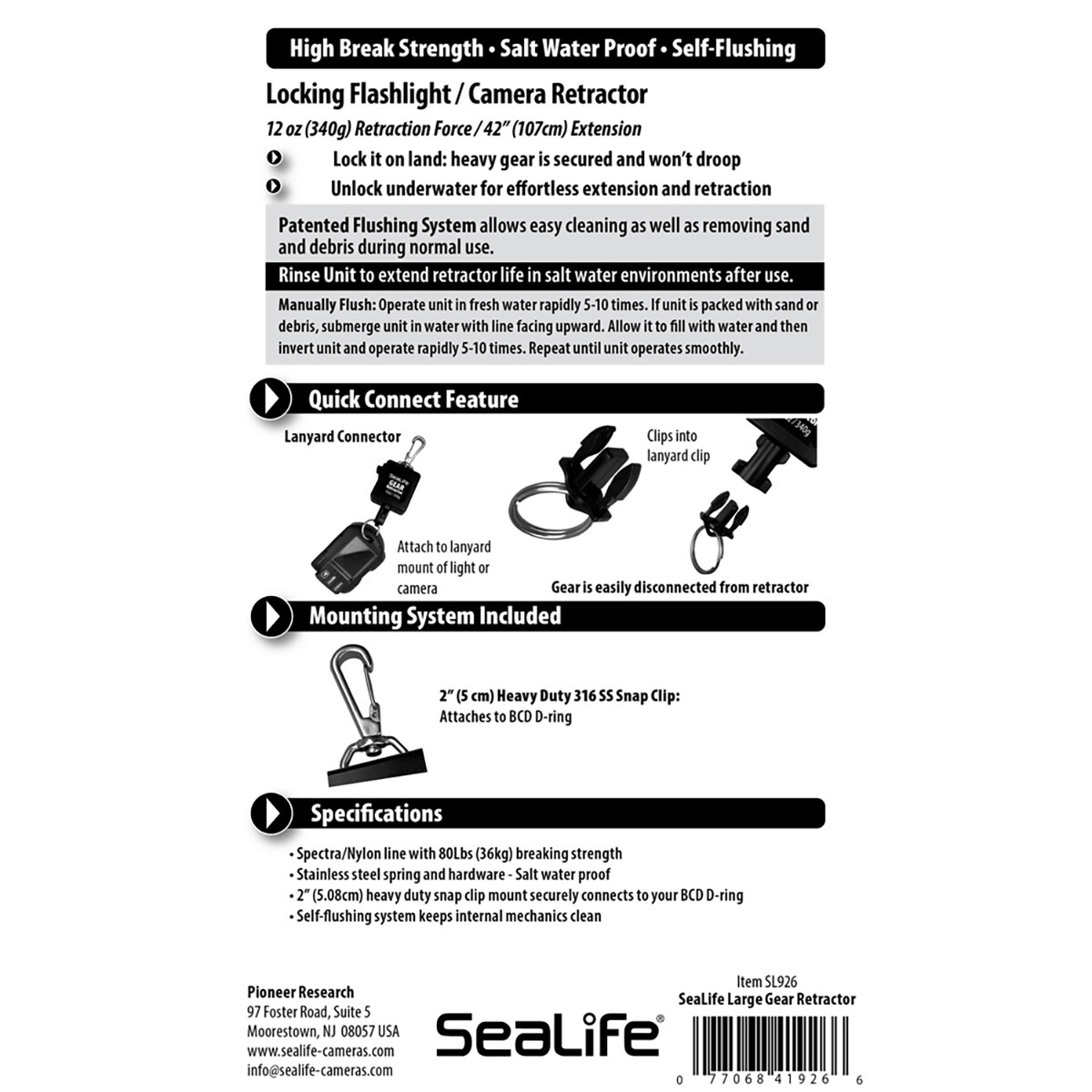 SeaLife Large Gear Retractor Features Card