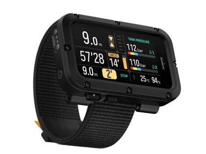 suunto nautic black dive computer with velcro strap. perspective quarter left deco.